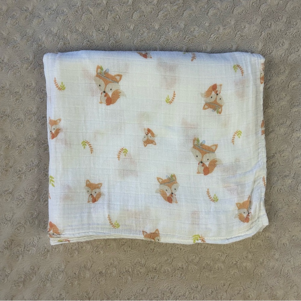 Babebay Fox Baby Swaddle Blanket Orange White Bamboo Muslin Feather Leaves Boho